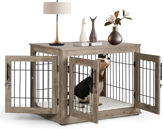 Dog Crate Furniture with Cushion,Dwell Living 32 inch Wooden Kennel Table with Double Doors, Indoor Dog House End Table for Small/Medium Dog, Grey (32x23x26in)