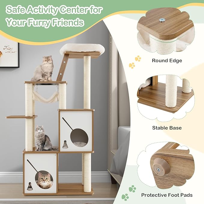 Tangkula Modern Cat Tree, 57 Inch Wood Cat Tower with Sisal Scratching Posts, Padded Top Perch, 2 Cat Condos, Hanging Hammock & Climbing Ladder, Multi-Layer Large Cat Tree Tower for Indoor Cats