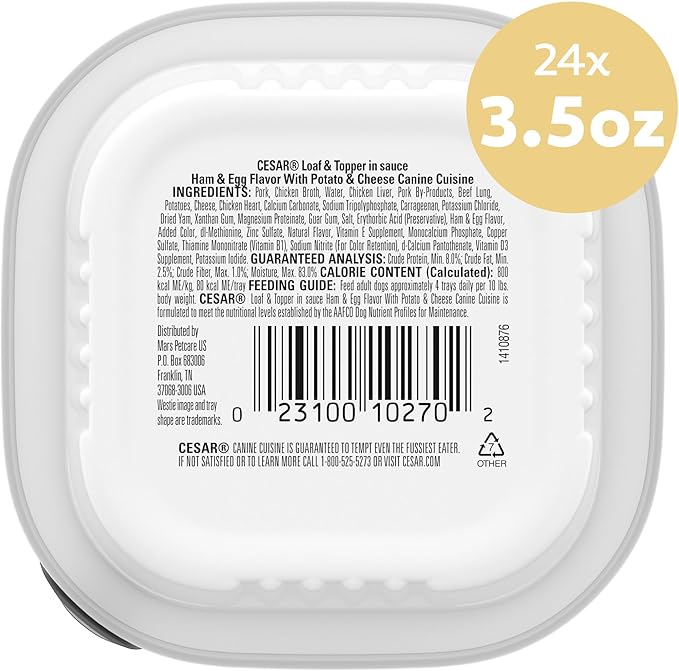 Cesar Loaf & Topper in Sauce Wet Dog Food Ham & Egg Flavor with Potato & Cheese, 3.5 oz. Easy Peel Trays, 24 Count (Pack of 1)