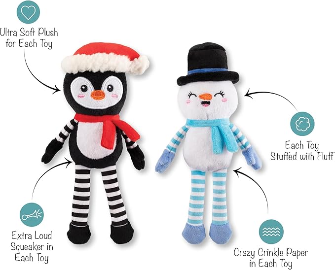 Fringe Studio Pet Toy, Ultimate CHILLERS Plush Dog Toy 2 Piece Set, Penguin & Snowman, PetShop Collection (312066)