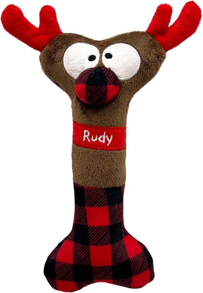 Huxley & Kent Funny Dog Toy w/Squeaker – Holiday Power Plush Squeaky Dog Toys for Small, Medium & Large Dogs – Soft Stuffed Animal for Indoor Play & Fetch - Reindeer Bone, One Size