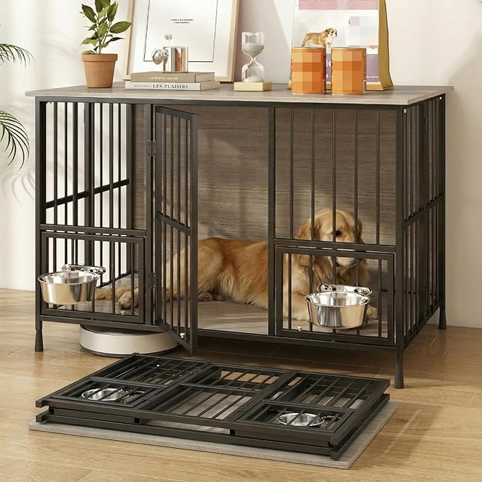 Hadulcet Foldable Dog Crate Furniture, 41'' No Assembly Indoor Dog Kennel with Storage Top, Wooden Dog Crate Table for Small to Medium Dogs, Furniture Style Dog Cage with 2 Bowls Gray