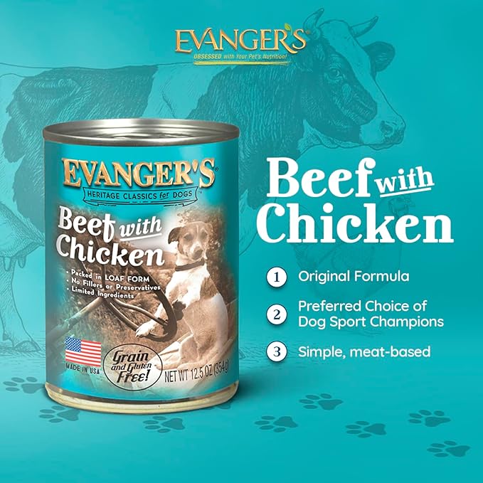 Evanger's Heritage Classic Beef with Chicken Dog Food – 12 Count, 12.5 oz Each – Loaf Style Recipe with Beef & Chicken – Wet Dog Food – Grain & Gluten Free