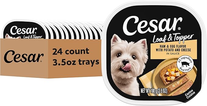 Cesar Loaf & Topper in Sauce Wet Dog Food Ham & Egg Flavor with Potato & Cheese, 3.5 oz. Easy Peel Trays, 24 Count (Pack of 1)