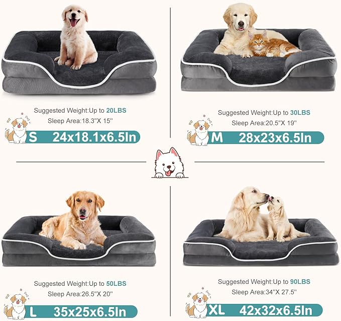 DUMOS Orthopedic Dog Beds for XL Large Sized Dogs, 42x32 in Machine Washable Cover Pet Bed, Anti-Slip Waterproof Memory Foam Couch Bed for Indoor Dogs and Cats, Grey