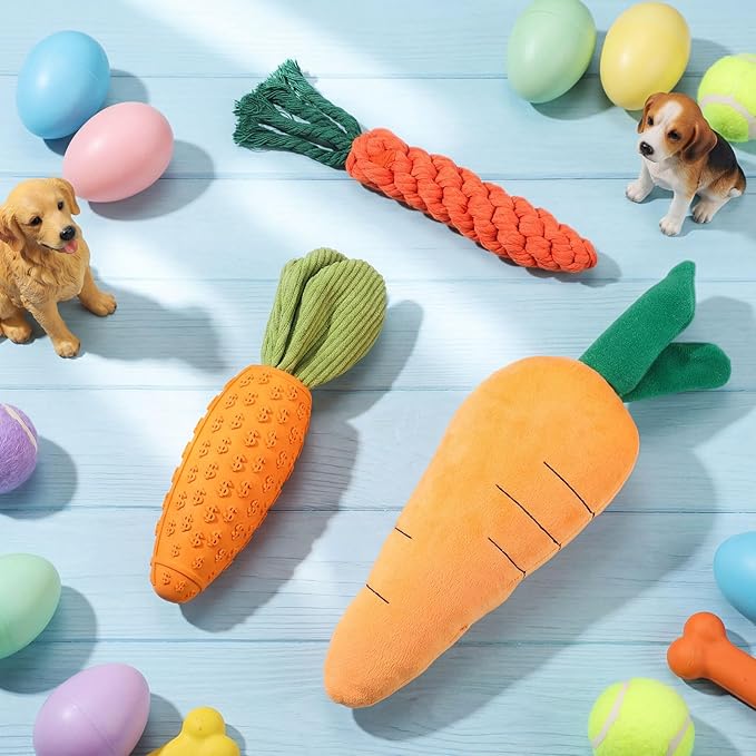 3pcs Easter Carrot Dog Toys Set, Includes Rope, Rubber, Plush Dog Chew Toys for Dogs, Cats, and Pets, for Training and Interactive