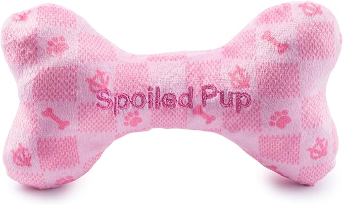 Haute Diggity Dog Chewy Vuiton Bone Plush Squeaky Dog Toy, Soft Durable Designer-Inspired Stuffed Puppy Chew Toys for Small & Medium Dogs, Machine-Washable (Pink Checker) Large