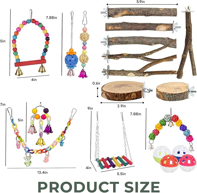 20 Pack Bird Toys for Cockatiels, Parakeet Toys for Cage, Natural Wood Parakeet Perches, Hanging Budgie Toys Swings and Parakeet perches, Essential Avian Playthings for Inside Cage