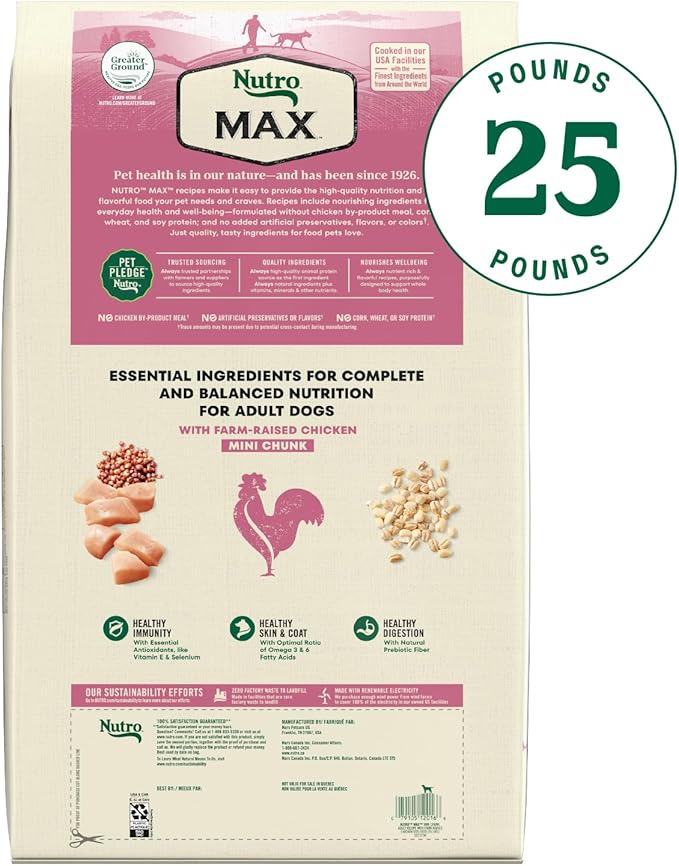 Nutro Max Mini Chunk Dry Dog Food, Adult Dog Food Dry Recipe with Farm-Raised Chicken, 25 lb. Bag