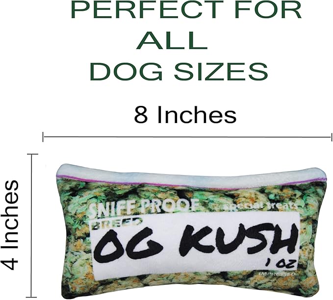 Impressed.co Bag-O-Weed OG Kush Ounce of Weed Parody Zip Bag - Heavy Duty Plush Dog Toy with Squeaker- Funny Print Pet Chew Toy - Stoner Gift for Small Medium and Large Dogs