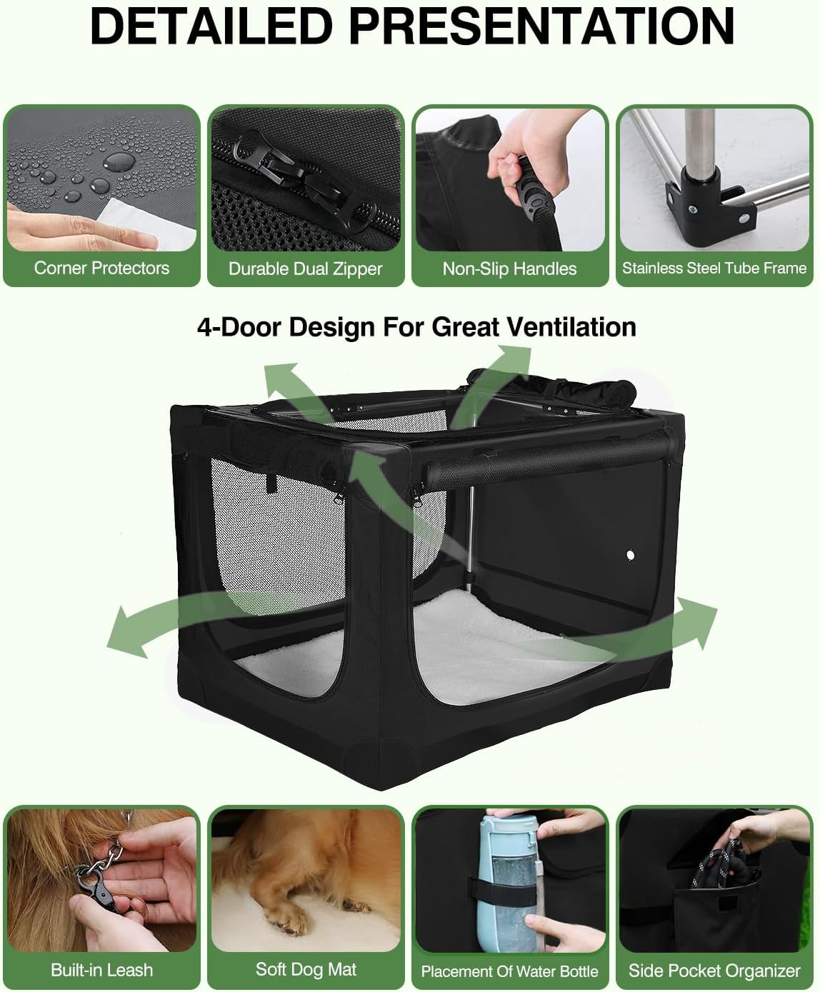 36 Inch Collapsible Travel Dog Crate for Medium Large Dogs, Portable Dog Crate 4-Door Foldable Soft Kennel with Durable Mesh Windows for Indoor & Outdoor Travel, with Storage Bag,Black