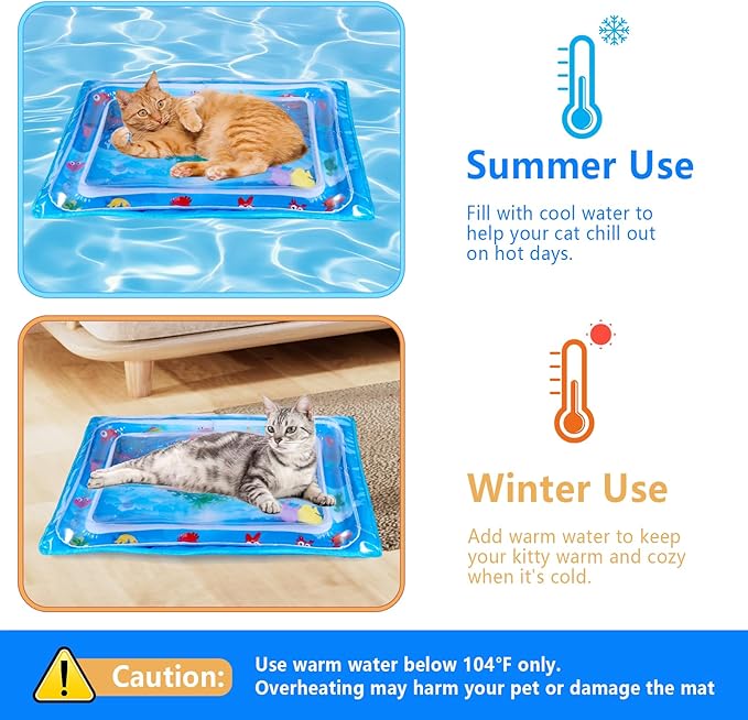 Extra-Thick Cat Water Mat with Protective Cover, Leak-Proof Interactive Water Sensory Play Bed for Indoor Cats & Kittens, 20x28 Inch, Summer Cooling Pet Pad