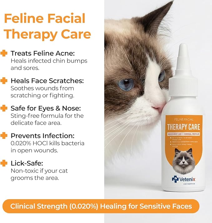 Feline Facial Therapy Solution Healing Aid & Skin Repair for Cat Acne, Eye & Ear Irritations, Chin Sores, Redness & Allergies | Gentle Non-Toxic HOCl Drops | 3.38 fl oz