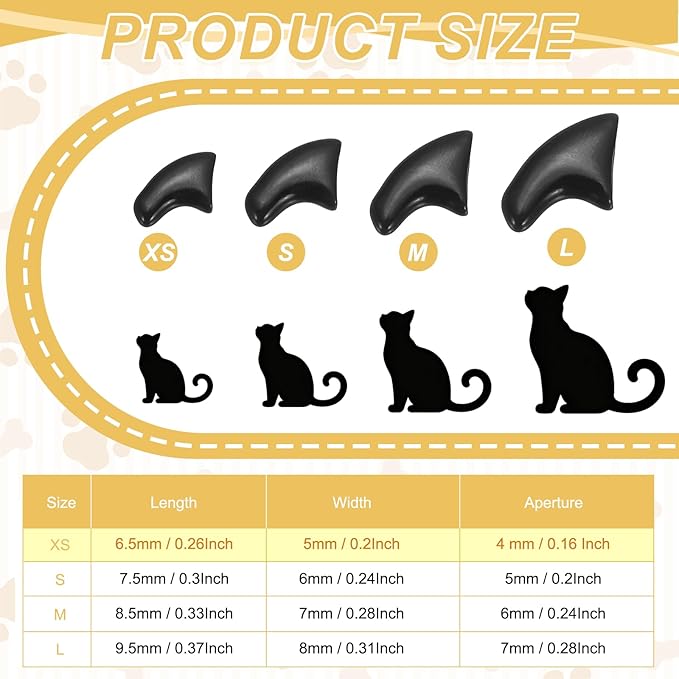 Cat Nail Caps, Cat Claw Covers with Adhesive Glue and Applicators, Kitten Claw Caps Soft Paws, (40 Pcs, XS, Black), Intended for Pet Tips/Nail Covers/Control Paws