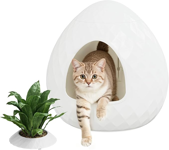 Egg-Shaped Hidden Plant Litter Box, Cat Litter Box Enclosure with Replaceable Plant Tray Top, Waterproof Cat Litter Cabinet Furniture, Odor Concealed Cat Box for Living Room Bedroom Corner
