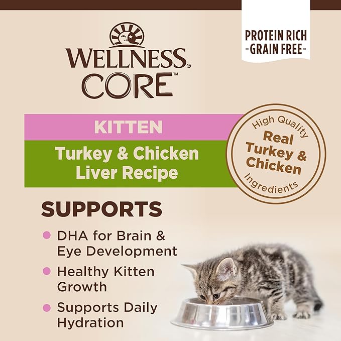 Wellness CORE Pate Kitten Canned Wet Cat Food, Natural, Protein Rich, Grain Free, Turkey and Chicken Liver Recipe, 5.5 oz, Pack of 12 Cans