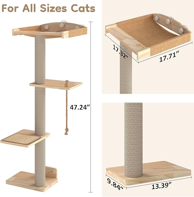 Yafylly Cat Window Perch with Scratching Post & Step, 47" Adjustable Window Perch for Large Cats, Cat Hammock for Window with Suction Cups, Multi-Level Cat Tree for Climbing, Sunbath, Bird Watching