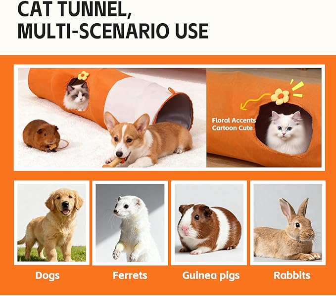 Large Cat Tunnels for Indoor Cats, Durable & Collapsible Play Tubes and Tunnels with Crinkle Sound & Balls for Adult Cats & Kittens (Orange)