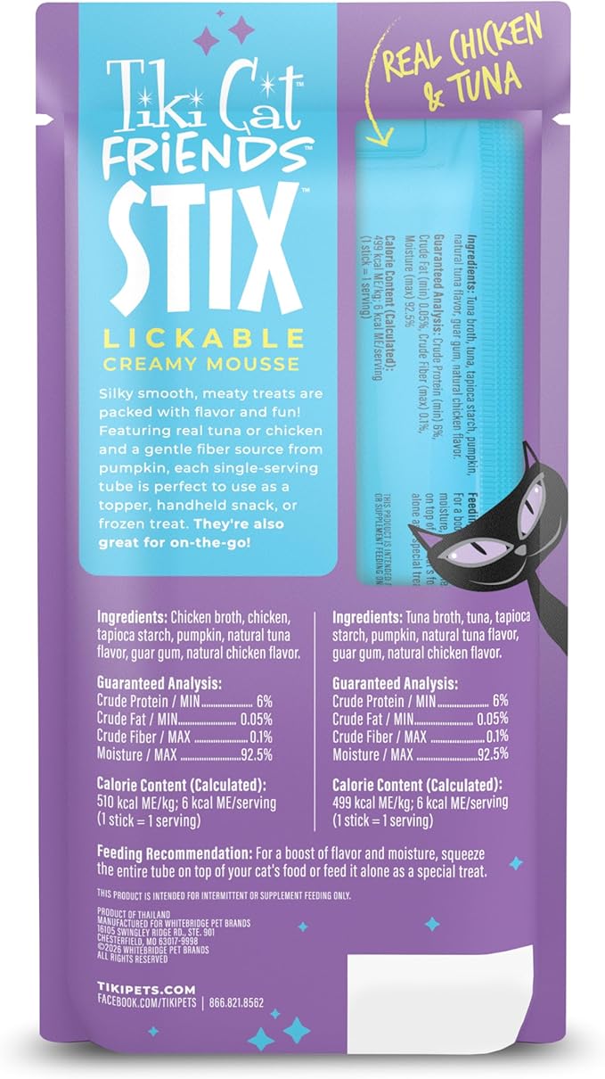 Tiki Cat Friends Stix Mousse Treats Variety Pack, Single Serve Lickable Treat or Dry Food Topper, 1.6 oz. Pouch