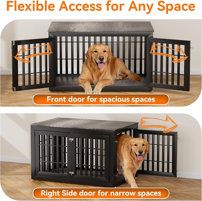 Snuowu 48" Heavy-Duty Dog Crate Furniture for Large Dogs, XXL Wooden Dog Cage Kennel Indoor Furniture, Decorative Pet House End Table, Black & Grey