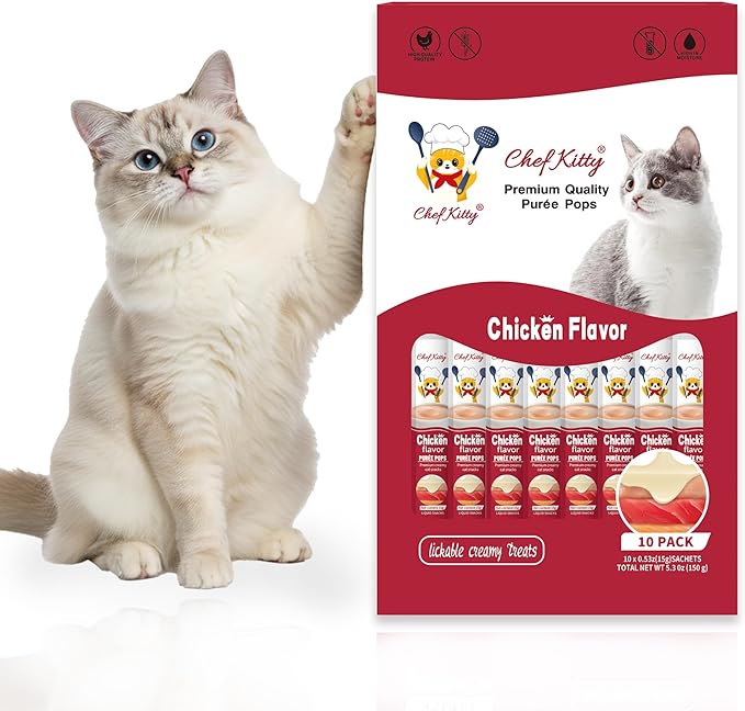 Purée Pops + Blue Feeding Spoon, Grain-Free, Lickable, Squeezable Creamy Cat Treat/Topper, 10 Tubes, Chicken Flavor