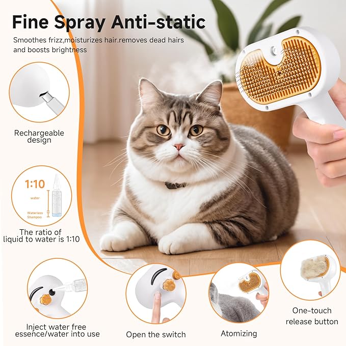 Pet Steam Brush for Dog & Cat – 3-in-1 Spray Hair Removal Comb – Steam for Shedding & Grooming – Water Brush for Long & Short Haired Pets – Spritz Defur Comb – Includes Waterless Shampoo and Eye Wipes