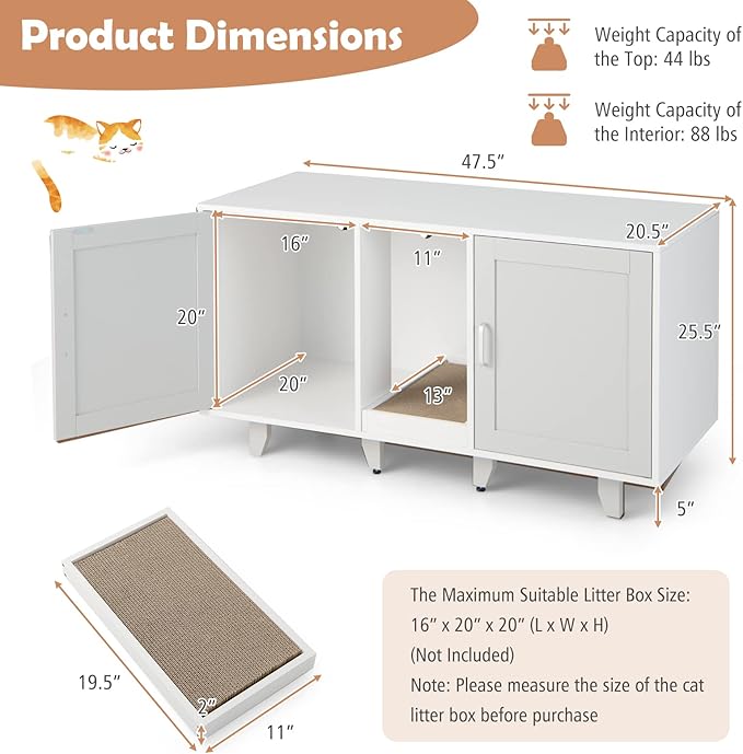 PETSITE Litter Box Enclosure for 2 Litter Boxes, Hidden Cat Washroom TV Stand End Table with 2 Cabinet, Scratching Board, Indoor Cat Litter Furniture Grey
