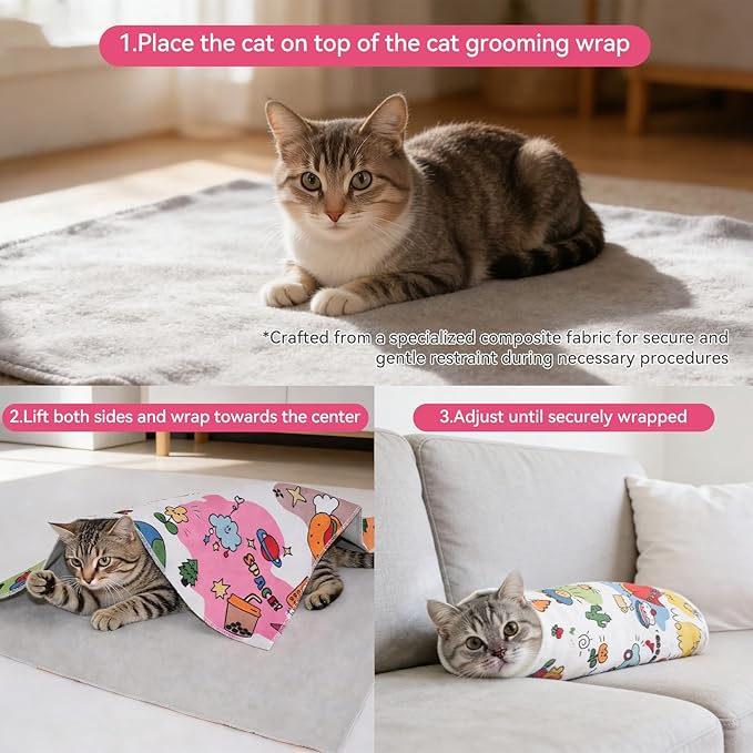 Cat Wrap for Cutting Nails，Cat Restraint for Nail Clipping，Cat Grooming Wrap for Cat Shower, Anti-Scratch Anti-Escape Multifunctional Pet Tool,21.7in