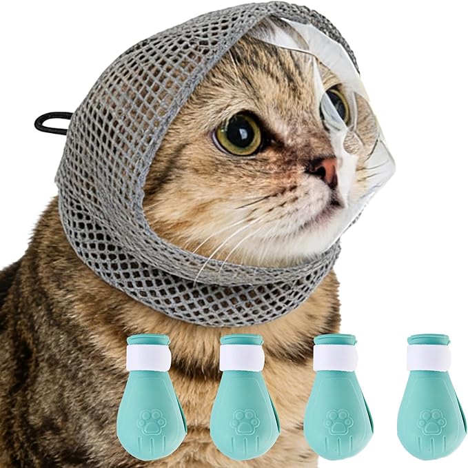 Adjustable Cat Muzzle for Grooming with 4 Paw Cover, Breathable Mesh Cat Head Cover, Anti-Bite Cats Mask, Silicone Paw Protector for Nail Trimming, Bathing (M)