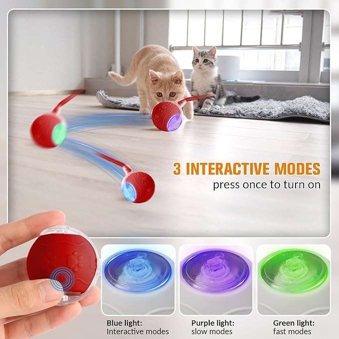 Interactive Cat Toys for Indoor,Automatic Moving Electric Rolling Pet Ball,Smart Teasing Toy for Kitty,3 Modes and USB Rechargeable,Tail 2.0 Cat Feather Toy Red