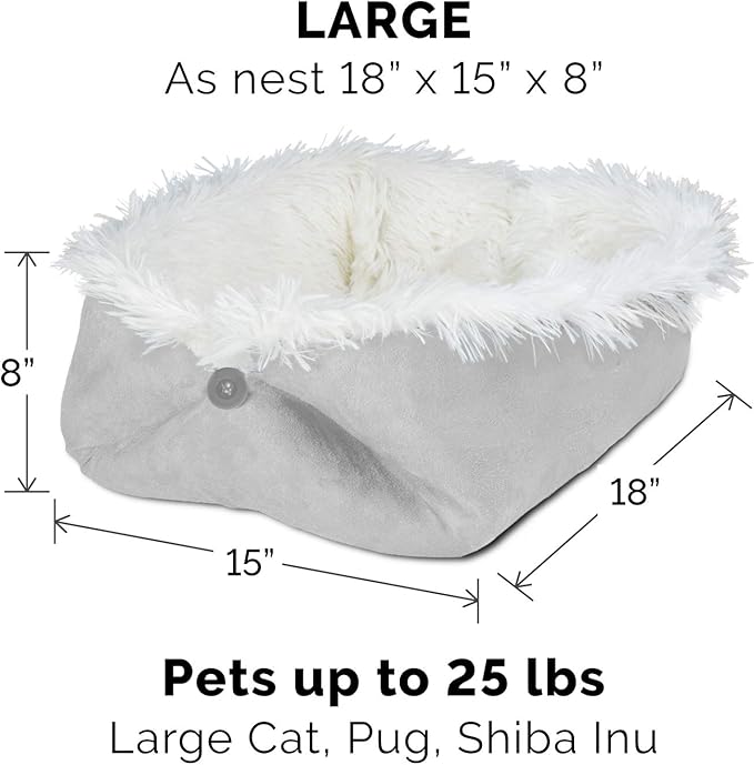 Furhaven Self-Warming Cat Bed for Indoor Cats, 4-Beds-in-1 & Washable - Plush Long Faux Fur Convertible Cuddler - Silver, Large