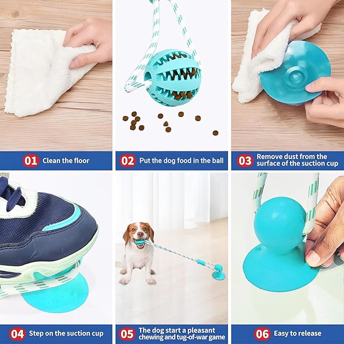 Dog Chew Toys for Aggressive Chewers, Tug of War Suction Cup, Dog Puzzle Toys Treat Food Dispensing Ball, Puppy Rope Enrichment, Indestructible Treat Food Dispensing Ball (Blue)