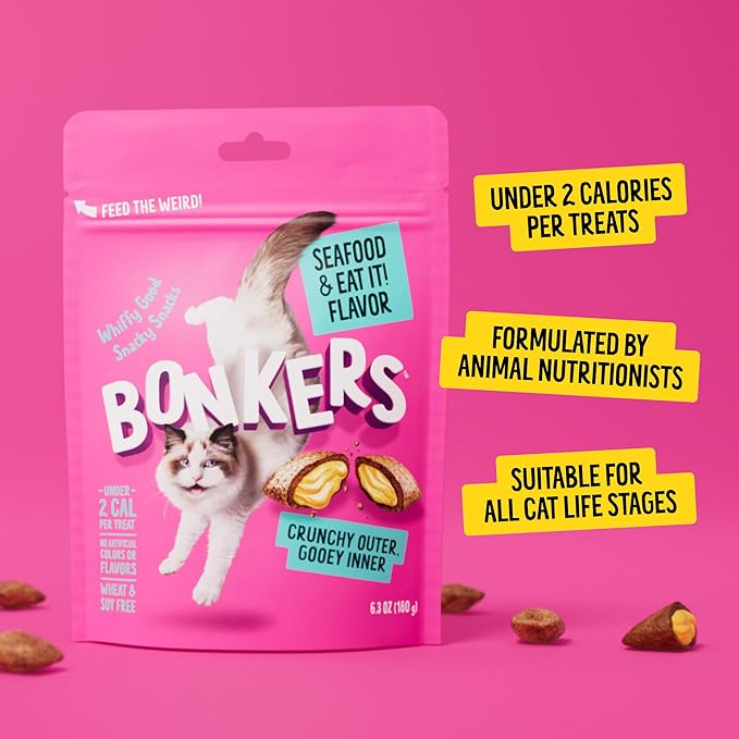 Bonkers Bites Seafood & Eat It Flavor Crunchy & Soft Treats for Cats, 3oz Bag (Pack of 10)