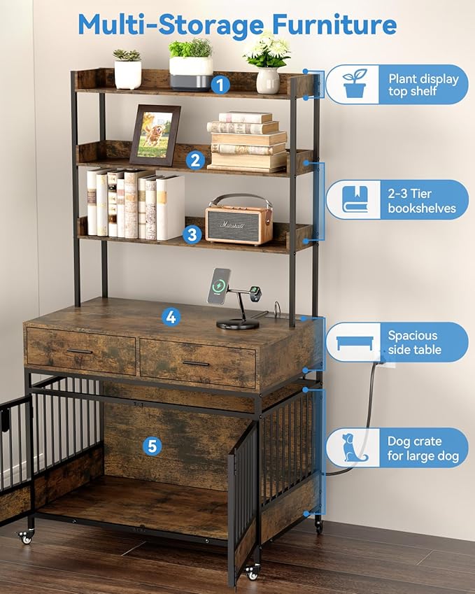 Petrova 40" Dog Crate Furniture with LED Light & 2 Storage Drawers, Heavy Duty Indoor Dog Kennel for Medium/Small Dogs, Wooden Dog Cage with Power Outlets, Charging Station, Lockable Wheels, Brown