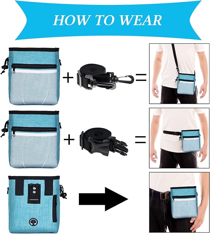 STMK Dog Treat Pouch Dog Clicker Training Kit, Dog Training Treat Pouch Dog Clicker for Training, 3 Ways to Wear Easily Carries Treat Pouches for Pet Training (Black and Light Blue)