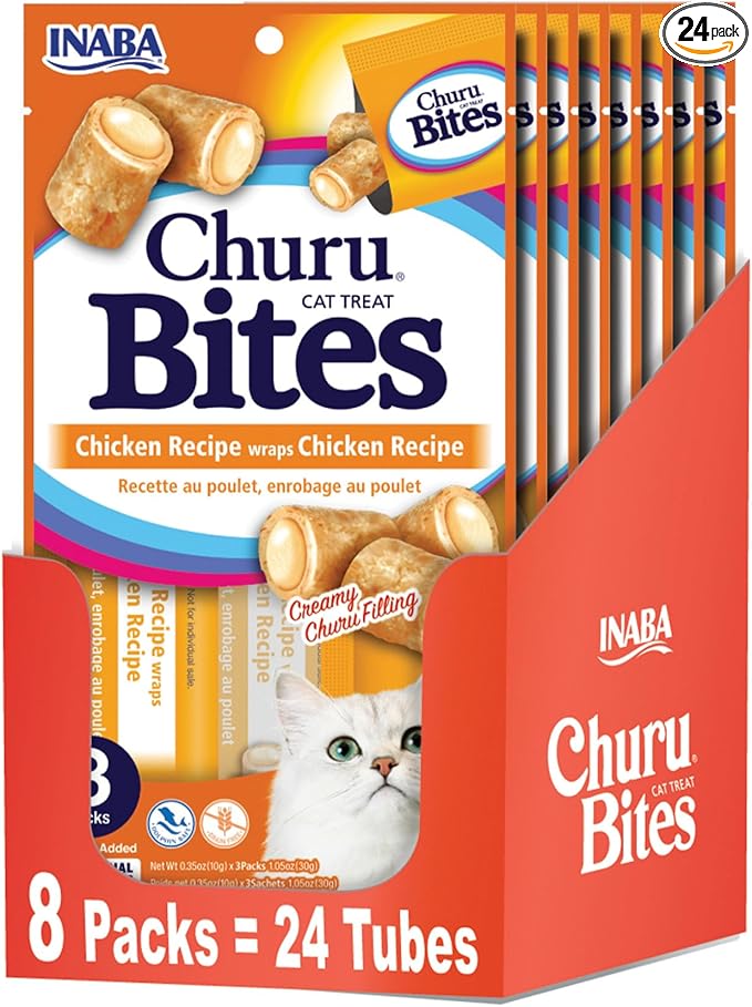 INABA Churu Bites for Cats, Soft/Chewy Baked Chicken Wrapped Churu Filled Cat Treats with Vitamin E, 0.35 Ounces per Tube, 24 Tubes Total (3 Tubes per Pack), Chicken Recipe