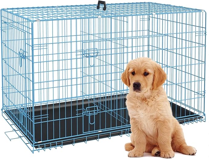 Large Dog Crate Metal Wire Double-Door Folding Pet Cage with Plastic Tray & Handle - Portable Dog Crate for Travel, Dog Travel Crate, Dog Cage for Small Dogs (Blue, 24")