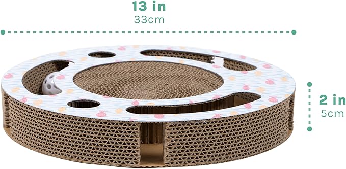 Kitty City Fish Corrugate Cat Scratcher with Ball Track Toy - Scratch Pad Lounger, Horizontal Corrugate Nail File Bed for Indoor Kittens, Kitty Enrichment & Play, 13” x 13”