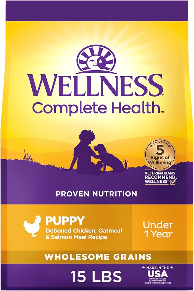 Wellness Complete Health Puppy Dry Dog Food, Wholesome Grain Kibble, Natural, Chicken, Oatmeal, and Salmon Recipe, 15 lb Bag
