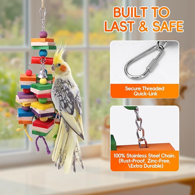 Cockatiel Toys,Natural Wood Bird Toys - 13.7" Interactive Shredding and Chewing Toy for Conures & Parakeets, Small to Medium Parrots Foraging Toys for Cage with Red Pipe & Silver Bell, Beak Health