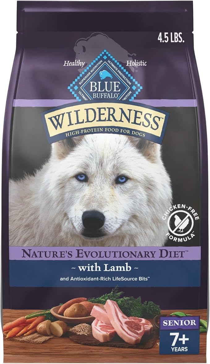 Blue Buffalo Wilderness 31 g Protein, Meat Rich Natural Dry Senior Dog Food, Lamb, Chicken-Free Formula, 4.5lb Bag