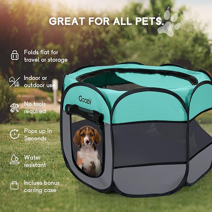 Goozii Pet Cat Playpen for Indoor Cats Enclosed, Puppy Dog Play Pen for Outdoor Travel Camping (Large Size, Green & Dark Grey)