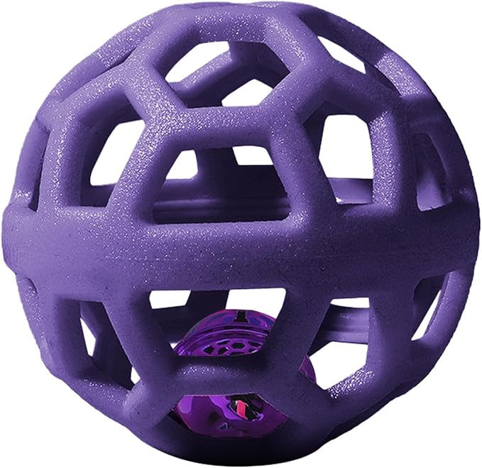 Dog Chew Toys with Bell Sound, 3 Rubber Bouncy Ball for Medium/Large Dogs, Interactive Fetch Ball Teeth Cleaning&Training, Hollow Design with Internal Bells (Purple)