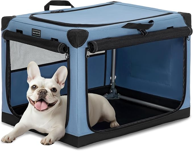 PETSFIT 26" Soft Portable Dog Crate – Patented Spiral Sturdy Frame, Collapsible Travel Kennel for Small Dogs, 3 Mesh Door, Lockable Zippers, Indoor & Car Use Blue