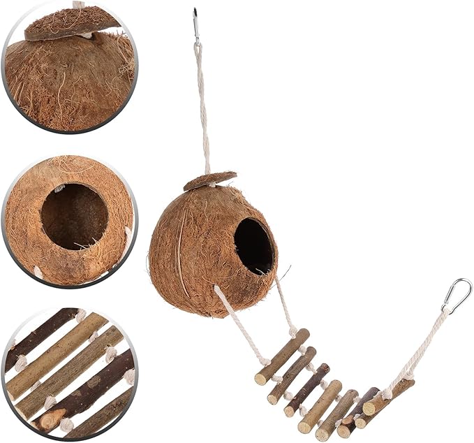 Mobestech Hanging Coconut Shell Hideout Shelter for Leopard Gecko and Small Pets, Decorative Wear-Resistant Nest with Fur Lining, Hamster and Bird Cage Accessory for Reptile Habitat