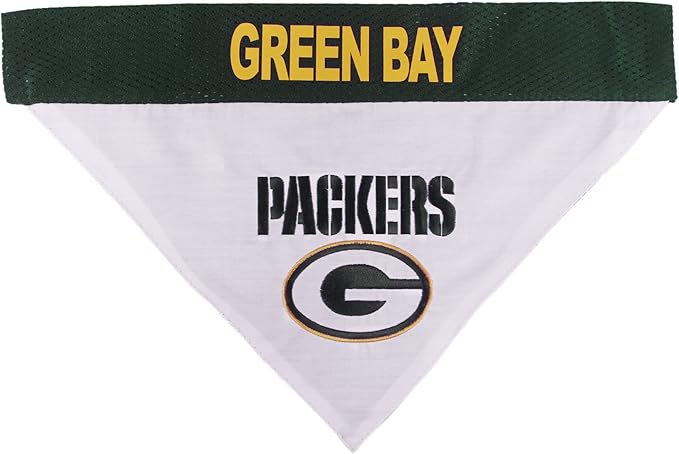 Pets First NFL DOG BANDANA - GREEN BAY PACKERS REVERSIBLE PET BANDANA. 2 Sided Sports Bandana with a PREMIUM Embroidery TEAM LOGO, Small/Medium. - 2 Sizes & 32 NFL Teams available