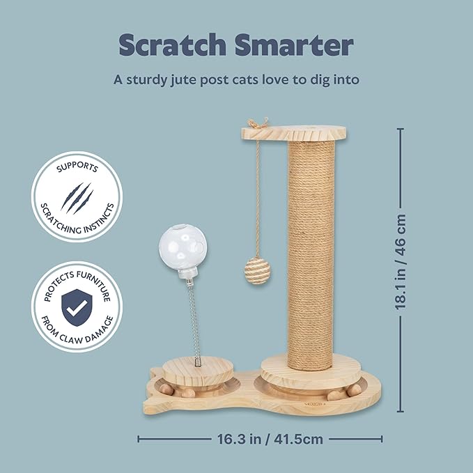 Trixie Oliver 18" Interactive Cat Scratching Post - 4-in-1 Indoor Small Cat Furniture with Jute Post, Treat Cup, Wooden Track & Hanging Ball