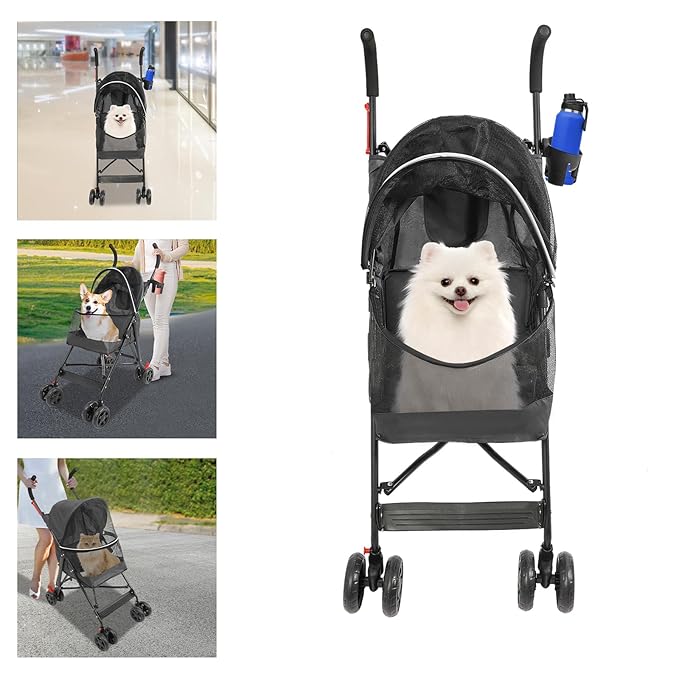 4-Wheel Pet Travel Stroller, Foldable & Lightweight Dog Cat Cage Jogger Stroller, Breathable and Visible Mesh for Small & Medium Dogs & Cats (Up to 22lbs) (Black)