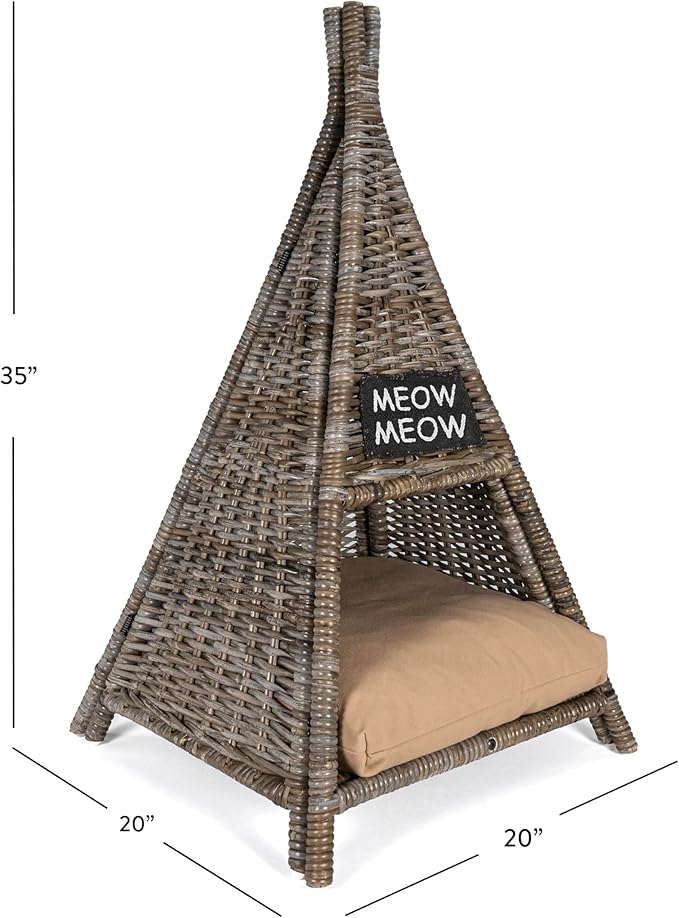 CBD1002A Tiki Tent 20" x 20" Coastal Handwoven Rattan Cat Bed with Machine-Washable Cushion, Kubu Gray