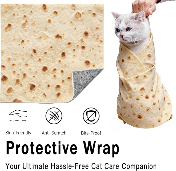 Burrito Print Cat Grooming Wrap for Cutting Nails, 27.6" Cat Swaddle for Medicine, Nail Clipping, Teeth Brushing, Ear Cleaning